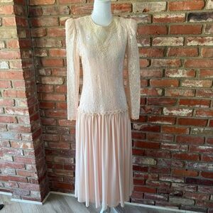 Pink Lace sparkly Long Sleeve Dress with Cream embroidered